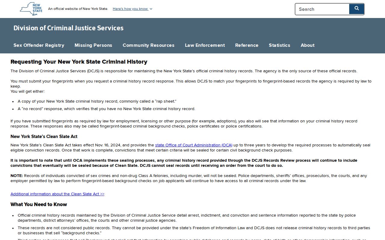 New York DCJS Record Review instructions for a personal criminal history