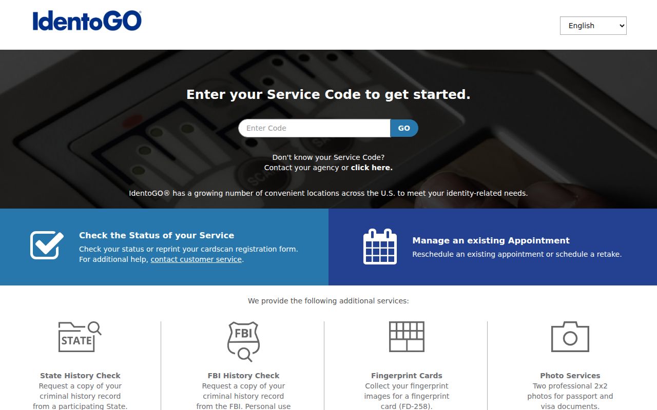 IdentoGO enrollment page used for DCJS fingerprint Record Review