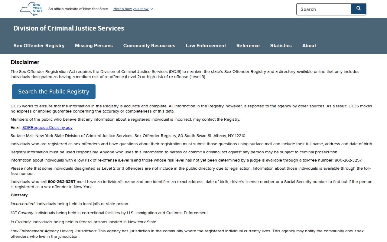 Oneida County registry profile and New York sex offender disclaimer fields