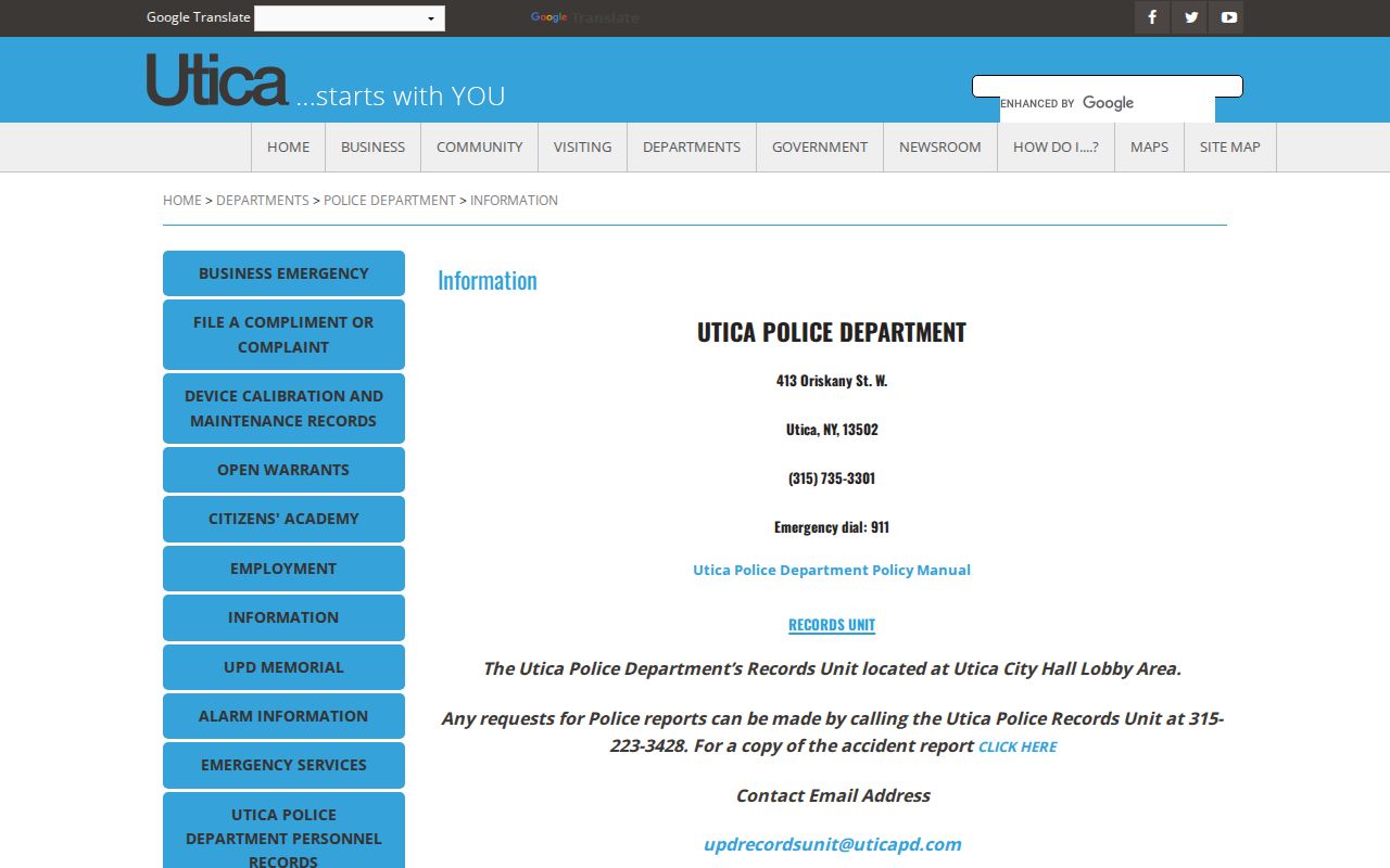 Utica criminal history Police Records Unit information